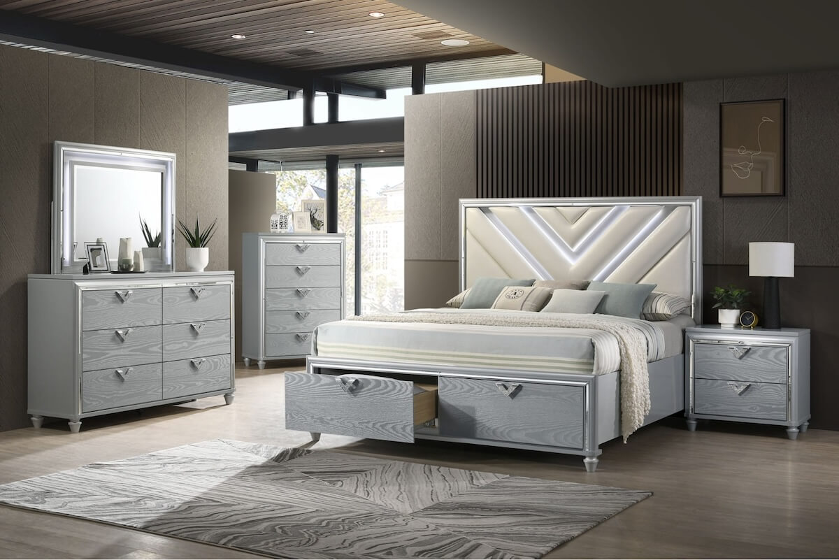 Bed with storage: Veronica Queen Platform Storage Bed with Upholstered LED Headboard Light Silver