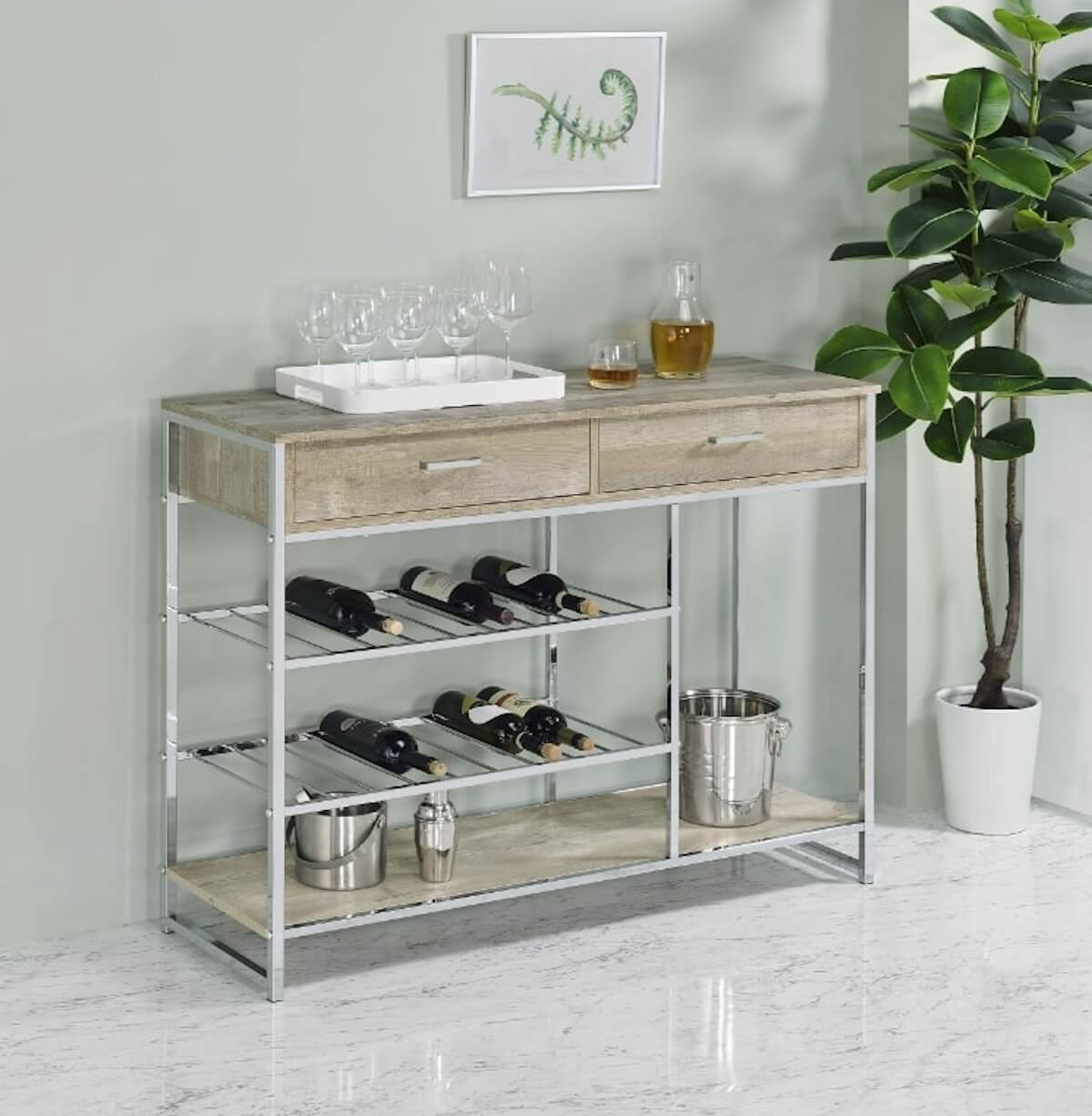 Accent storage cabinet: Melrose 2-shelf Wine Cabinet with 2 Drawers Gray Washed Oak and Chrome