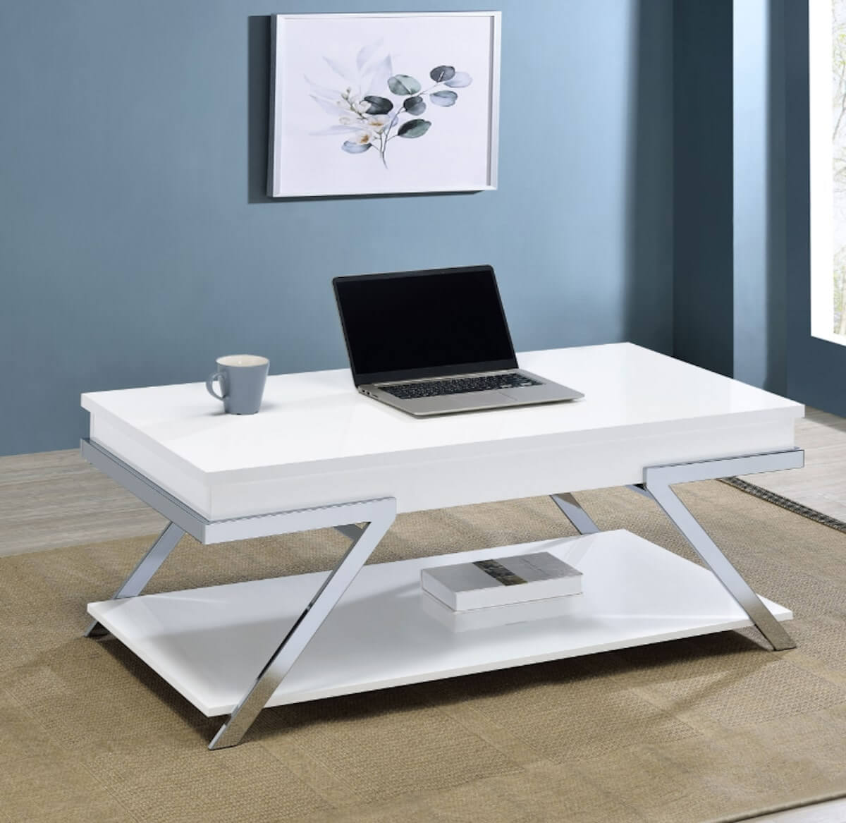 Modern coffee table with storage: Marcia Wood Rectangular Lift Top Coffee Table White High Gloss and Chrome