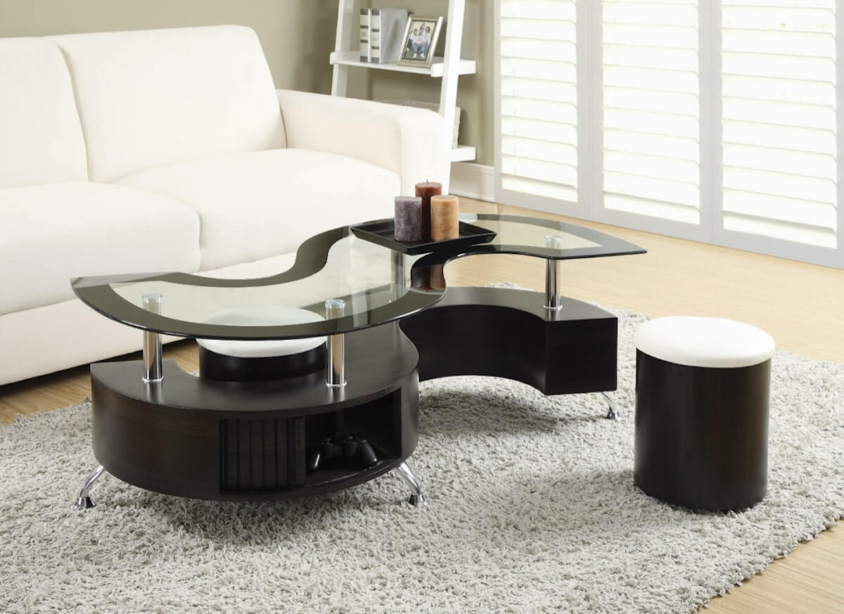 Modern coffee table with storage: Buckley 3-piece Coffee Table and Stools Set Cappuccino