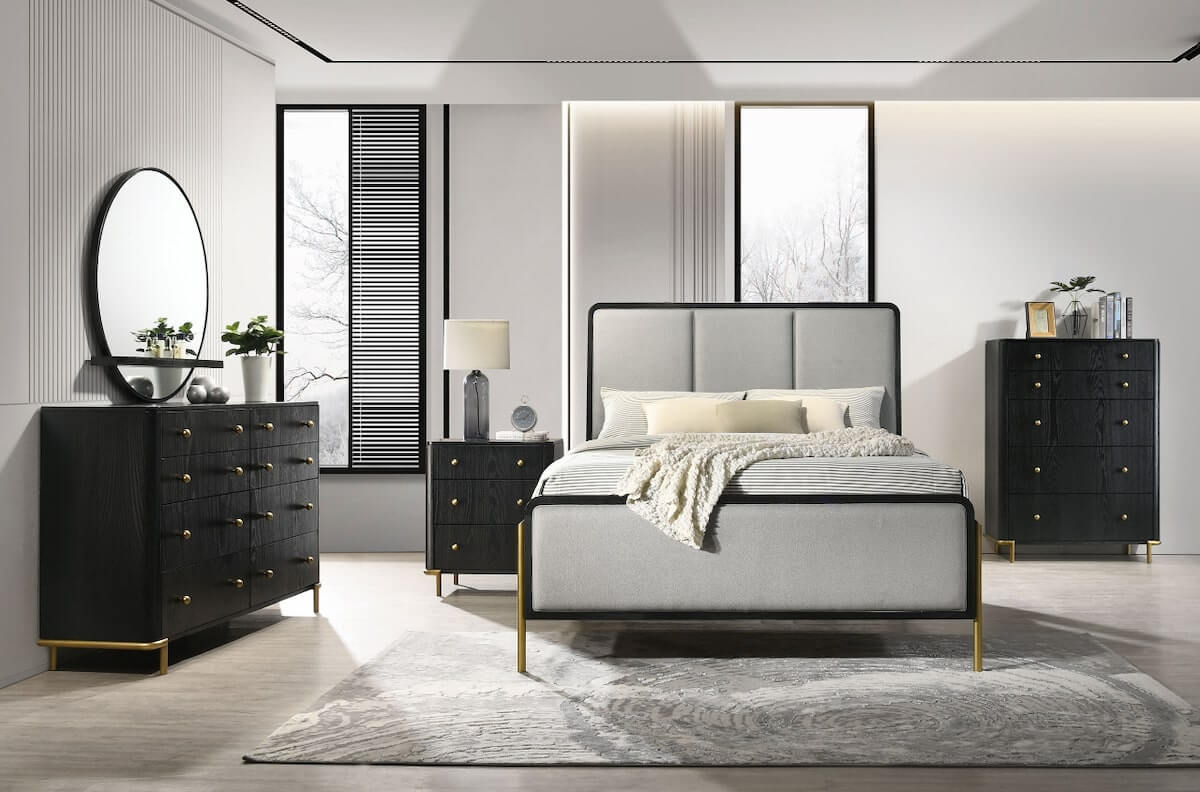 Contemporary bedroom furniture: Arini Queen Bed with Upholstered Headboard Black and Grey