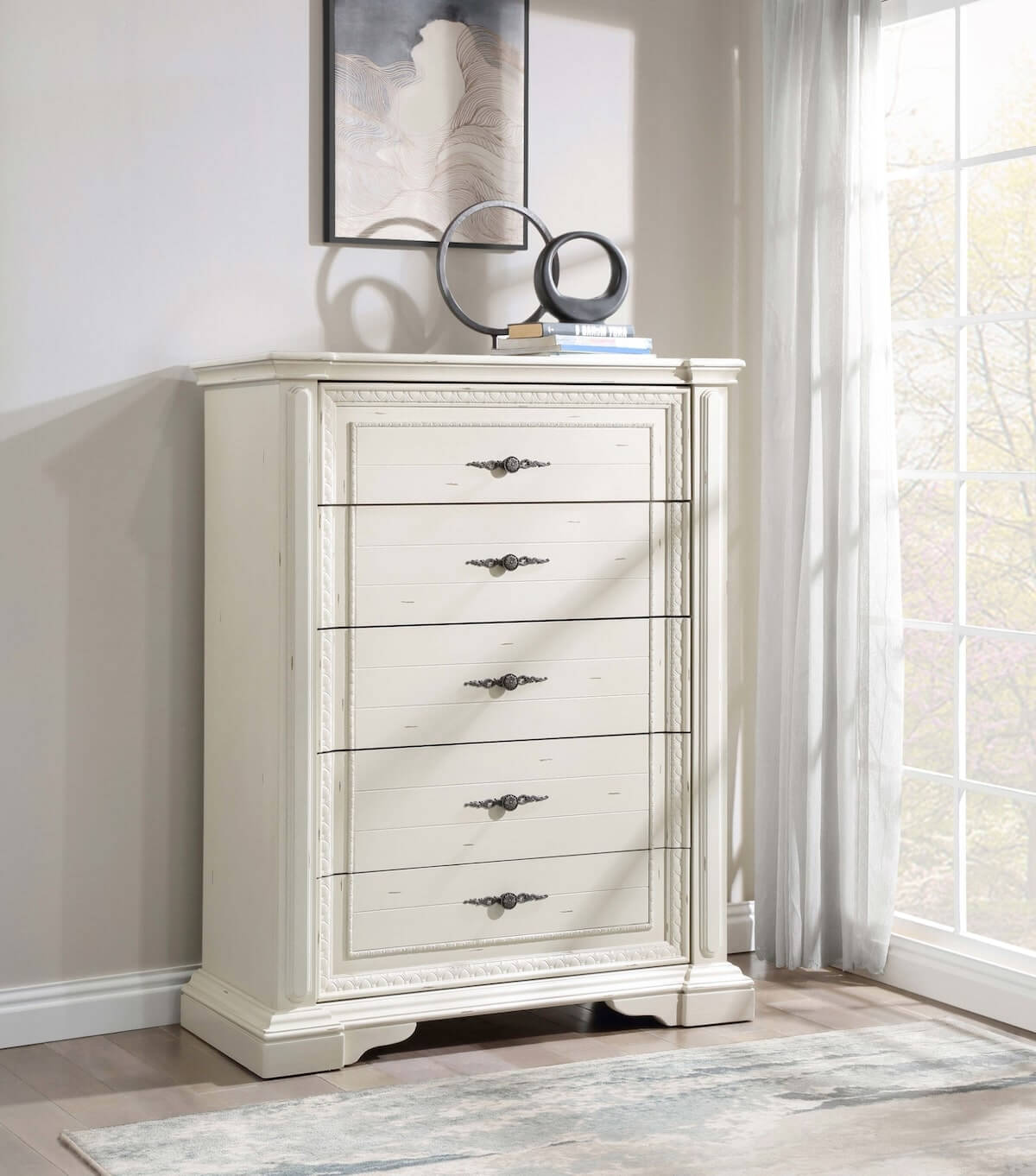 Neoclassical interior design: Evelyn 5-drawer Chest Antique White