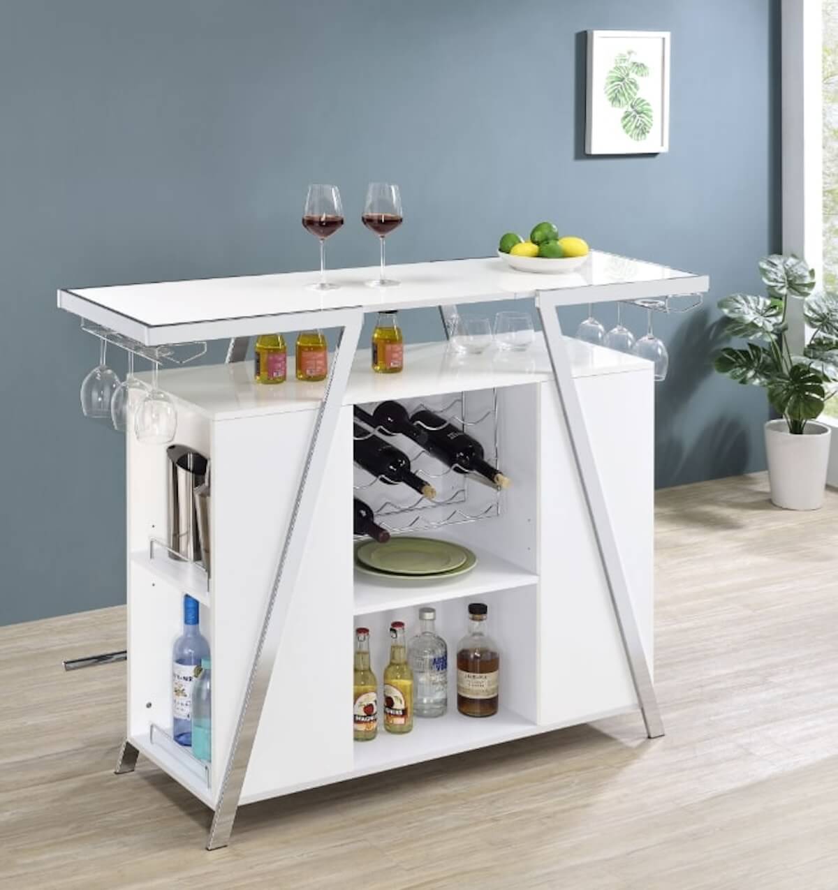 Home theater decor: Araceli Home Bar Wine Cabinet White High Gloss and Chrome