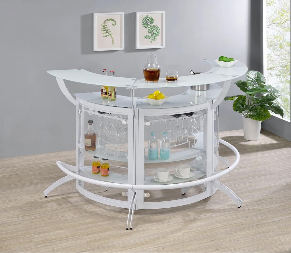 Retro furniture: Dallas 2-shelf Curved Home Bar White and Frosted Glass