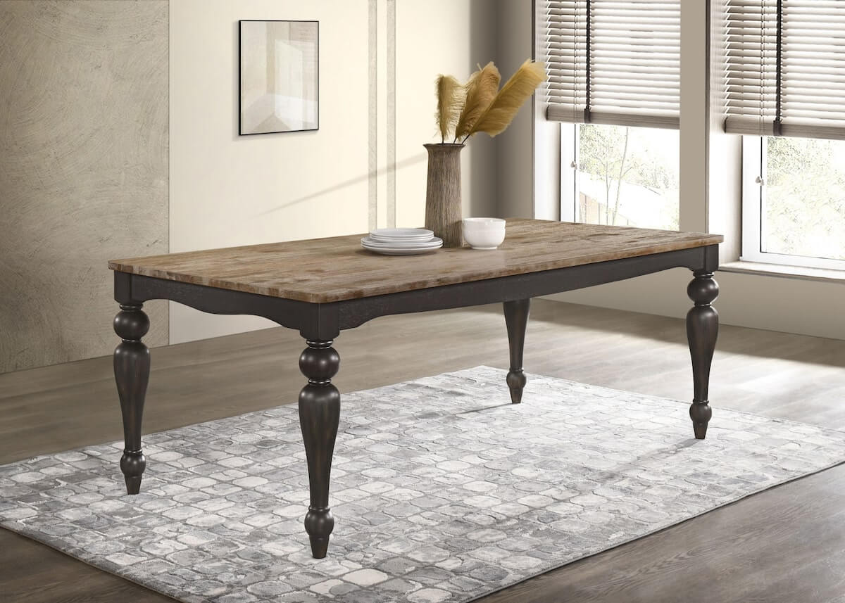 Modern farmhouse dining room: Bridget Rectangular Dining Table Brown Brushed and Charcoal Sandthrough