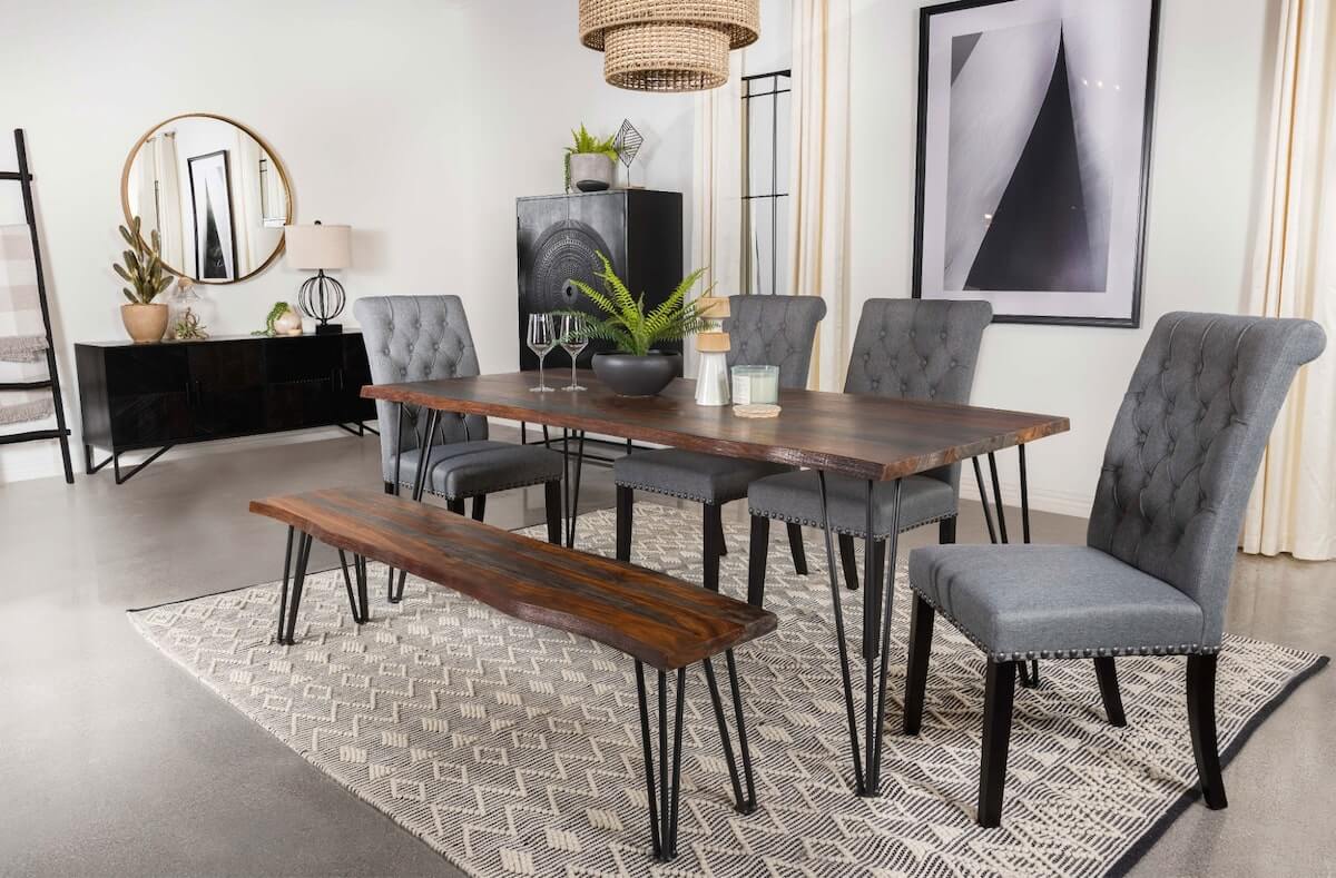 Modern farmhouse dining room: Neve Live-edge Dining Table with Hairpin Legs Sheesham Grey and Gunmetal