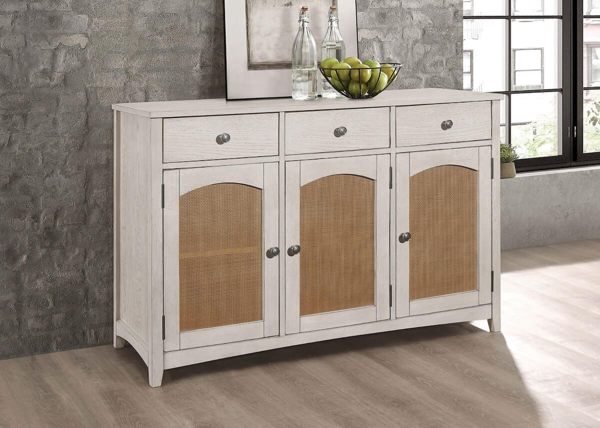 Modern farmhouse dining room: Kirby 3-drawer Rectangular Server with Adjustable Shelves Natural and Rustic Off White