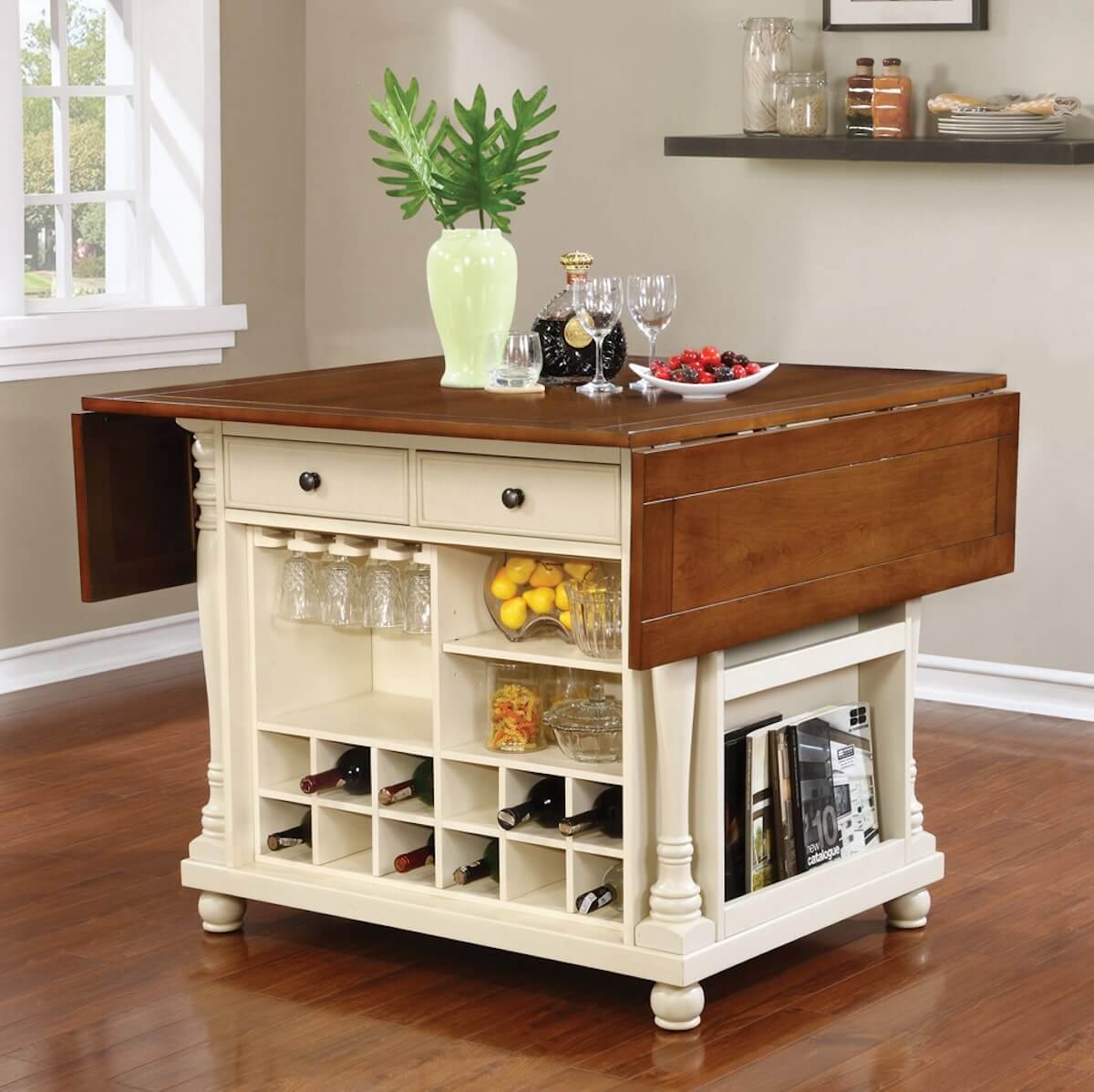 Slater 2-drawer Kitchen Island with Drop-Leaves Brown and Buttermilk