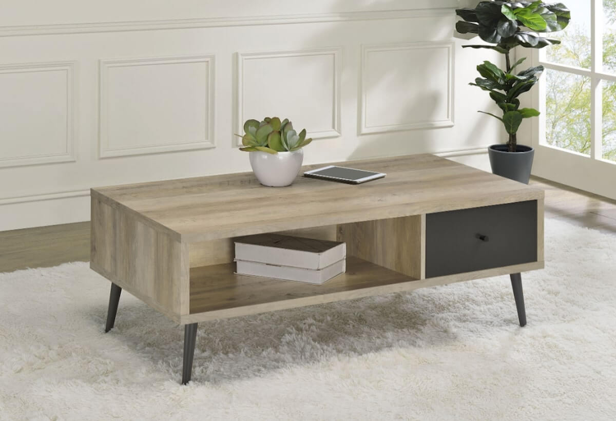 Modern coffee table with storage: Welsh1-drawer Rectangular Engineered Wood Coffee Table With Storage Shelf Antique Pine and Grey